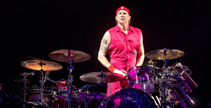 Chad Smith Standing behind his drum set in Atlanta