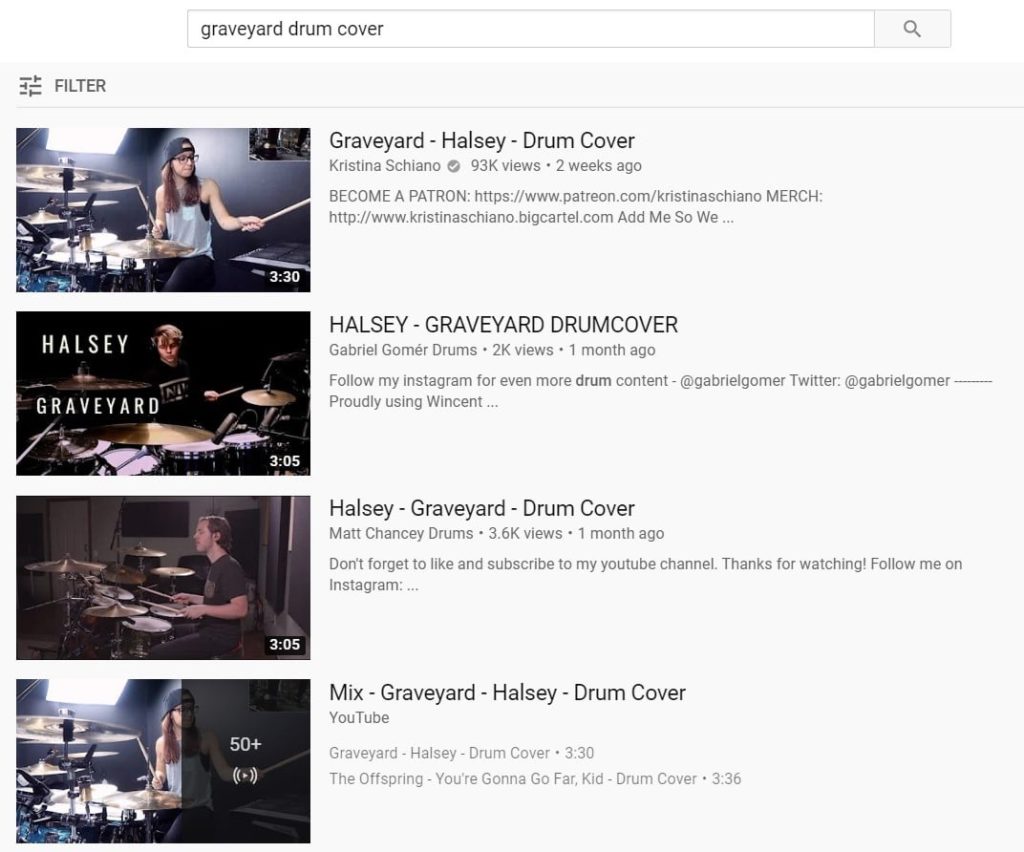 YouTube search for graveyard drum cover
