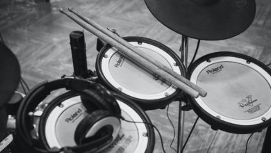 Roland electronic drum set in black and white