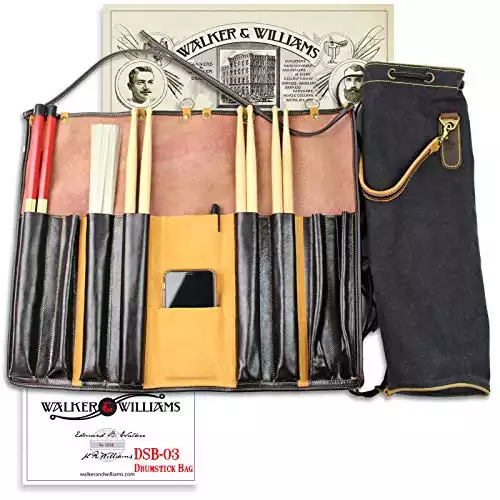 Walker & Williams DSB-3 Leather Drum Stick Bag with Heavy Canvas Carrying Bag