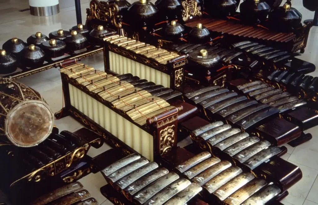 Gamelan (Javanese) instruments laid out ready to be played. A gamelan is a kind of musical ensemble of Indonesian origin