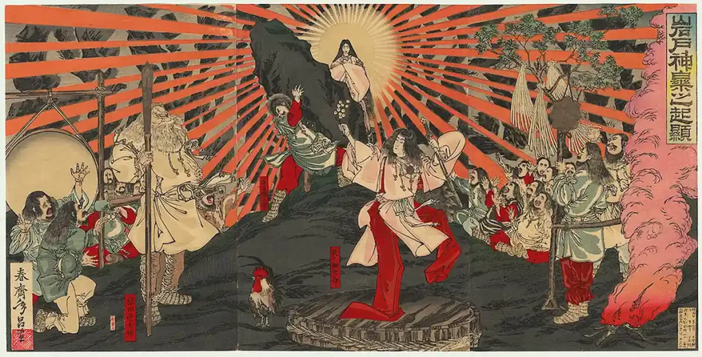 An image of the Japanese Sun Goddess Amaterasu emerging from a cave. 19th century. Signed: ’Shunsai Toshimasa’ (春斎年昌), title: ’Iwato kagura no kigen’ (岩戸神楽之起顕) - ’Origin of Music and Dance at the Rock Door’, Woodblock print (nishiki-e); ink and color on paper