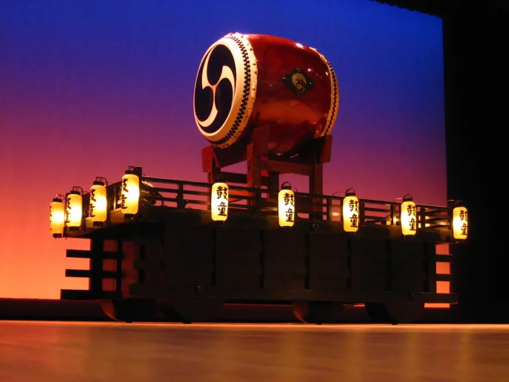 A picture of a taiko drum used by the taiko drumming group "Kodo". Picture was taken after a performance in Koriyama, Fukushima Prefecture, Japan
