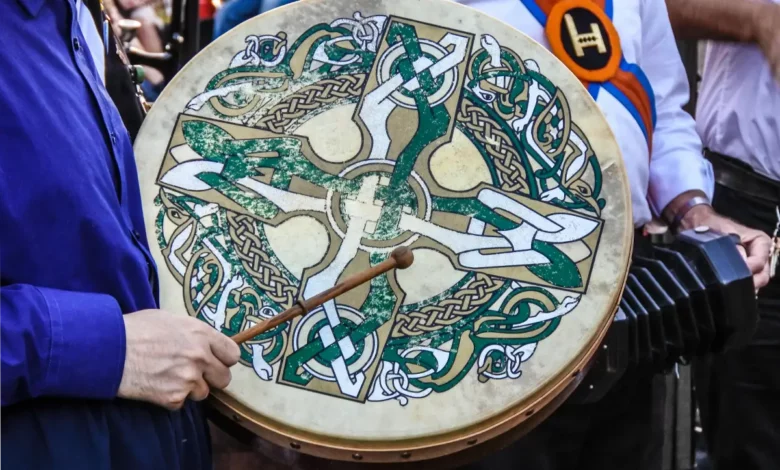 Celtic design on drum (bodhran) used by Morris dancer - Berkhamsted, UK