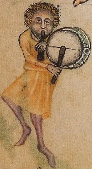 A pipe and tabor player. Commissioned by Sir Geoffrey Luttrell - The Luttrell Psalter