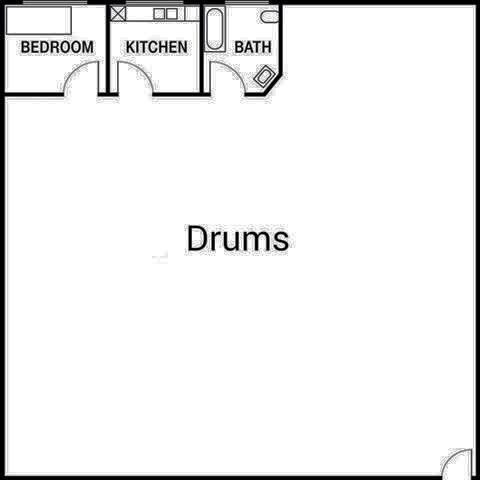Drummer's Floor Plan which the majority of the house is reserved for drums with a tiny bedroom, kitchen, and bathroom