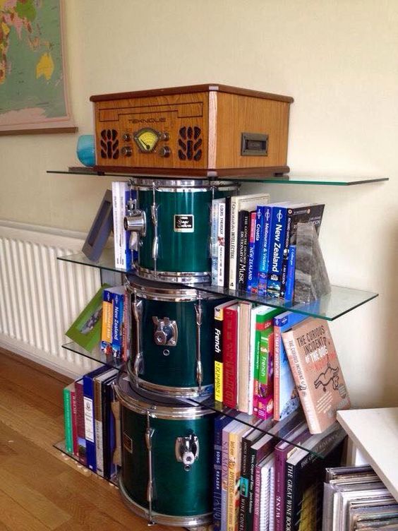 A creative bookshelf made from tom drums