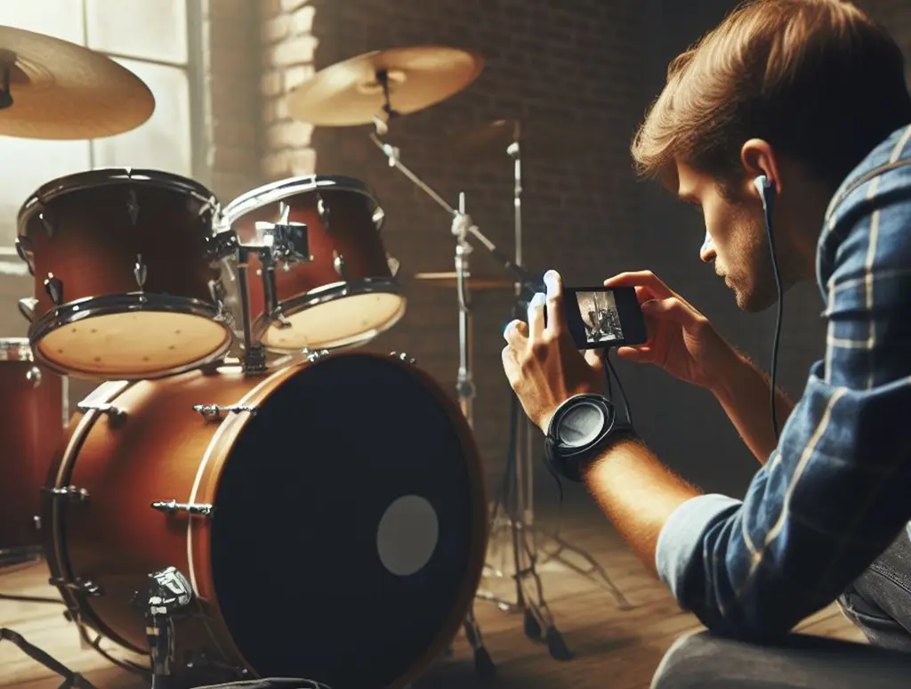 Man taking a photograph of his drum set