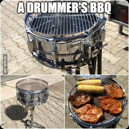 A snare drum modified to be a barbeque with food cooking