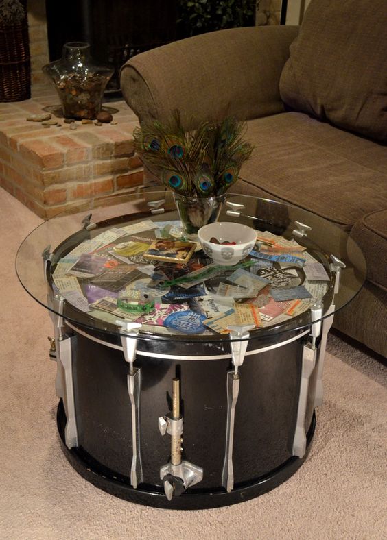 An awesome coffee table made from an old bass drum
