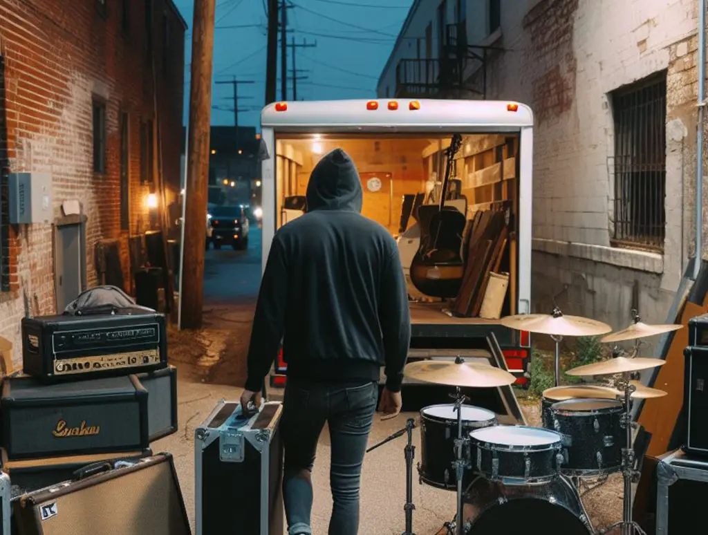 Man in a black hoodie unloading his drums after a show and packing them up in the trailer